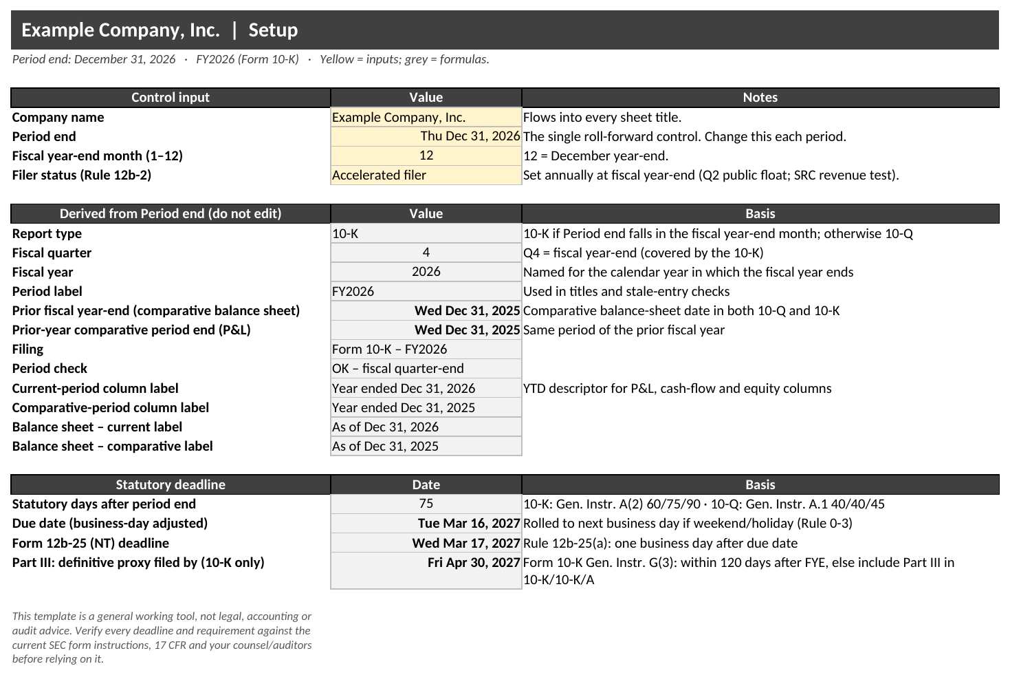 Setup tab of the filing calendar template
